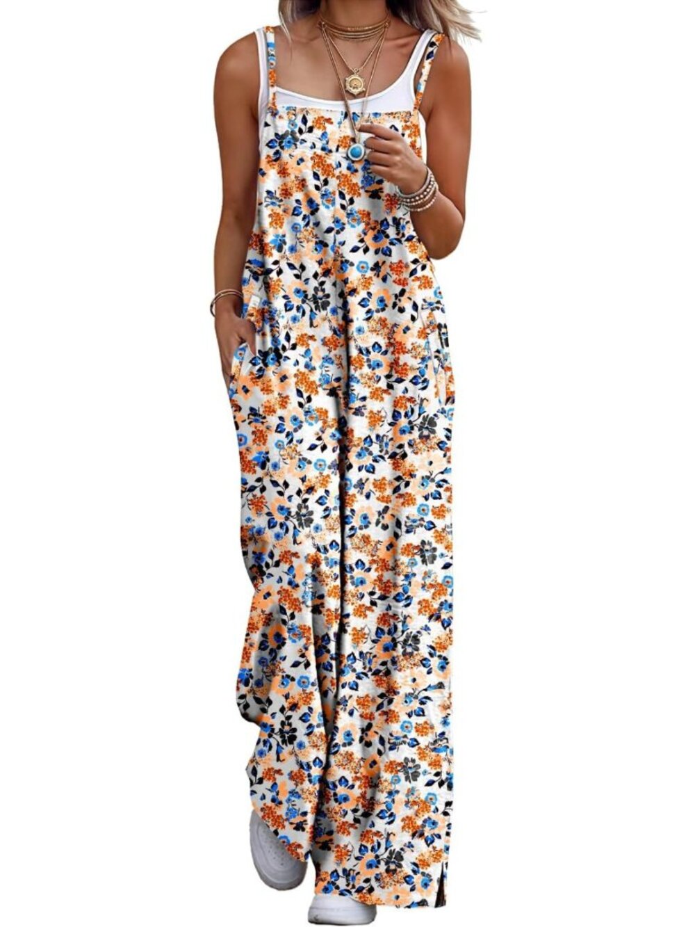 Boho Floral Print Cotton Jumpsuit - Women's Summer Wide Leg Romper with Pockets